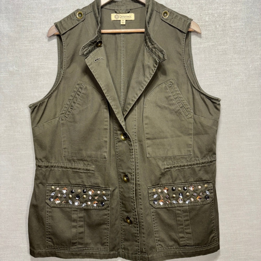 Democracy Utility Vest Womens 1X Green Rhinestone Studded Military Boho
